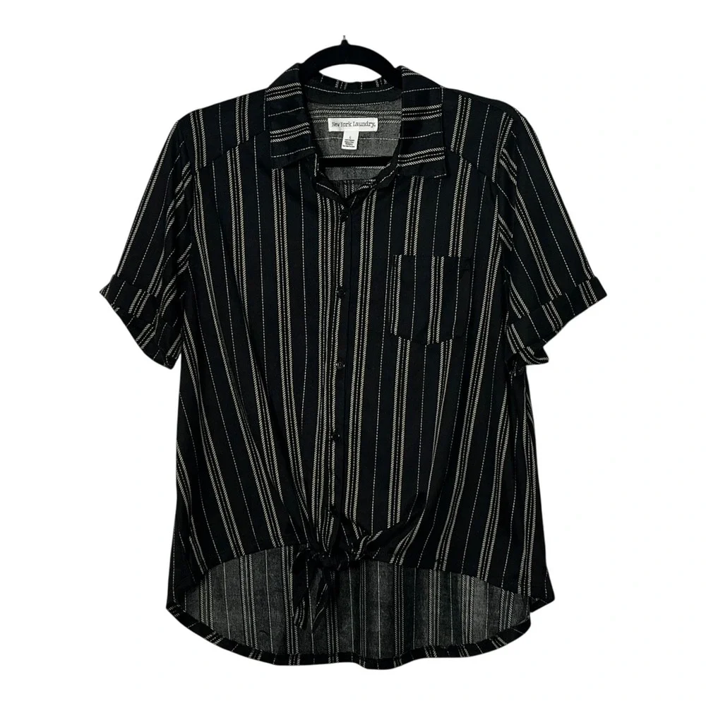 New York Laundry Womens Large Black White Striped Short Sleeve Tie Front Shirt